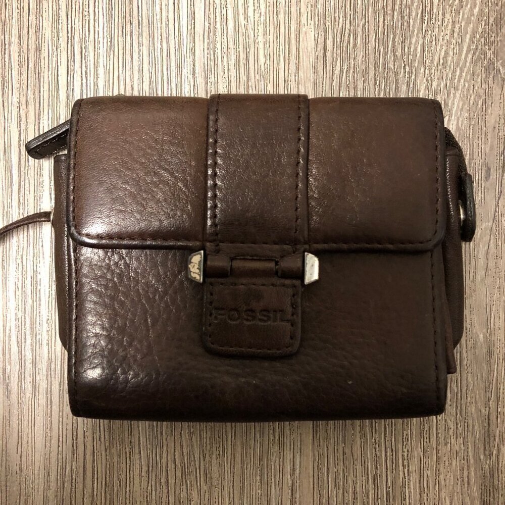Fossil Genuine Leather Wallet Chocolate Brown Wristlet Keyring Keychain ID - Picture 4 of 9